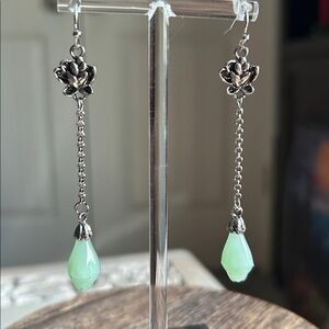 Elegant Silvery Tone Lotus flower & Faux Jade Teardrop Dangle Pierced Earrings